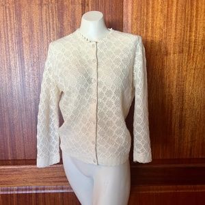 50s/60s Dalton Cashmere Cream Crochet Lace Cardigan Sweater S/M
